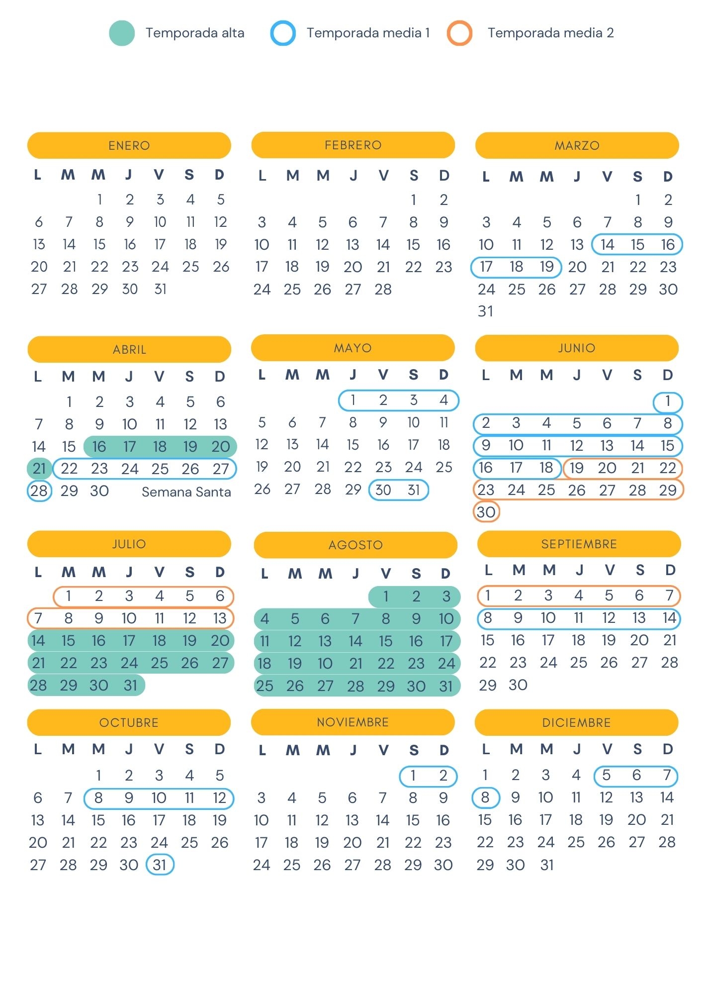 Calendario del año 2024 donde se marcan las temporadas del cámping